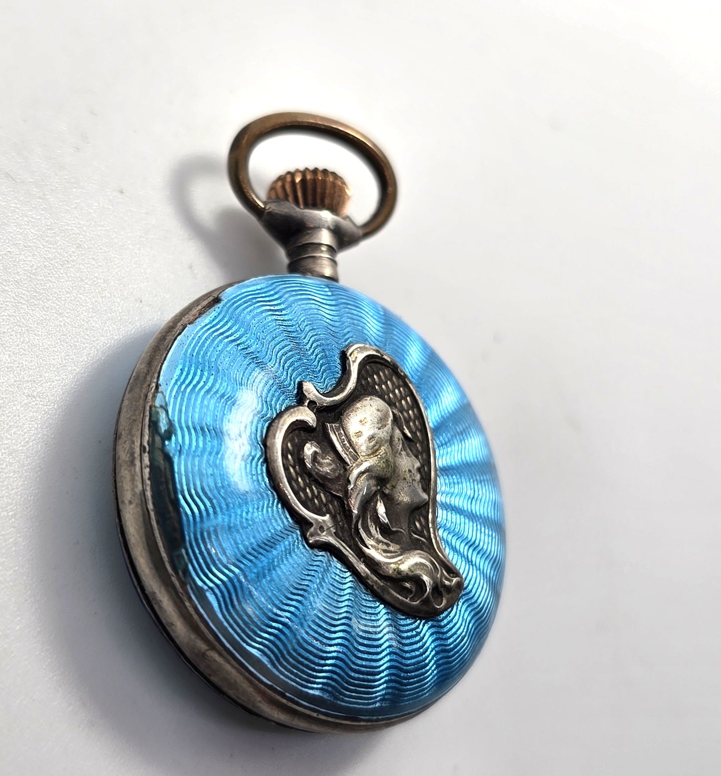 Guilloche bright blue nymph sterling silver antique winding pocket watch