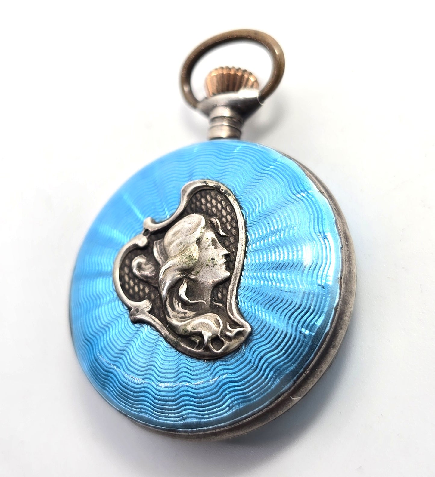 Guilloche bright blue nymph sterling silver antique winding pocket watch