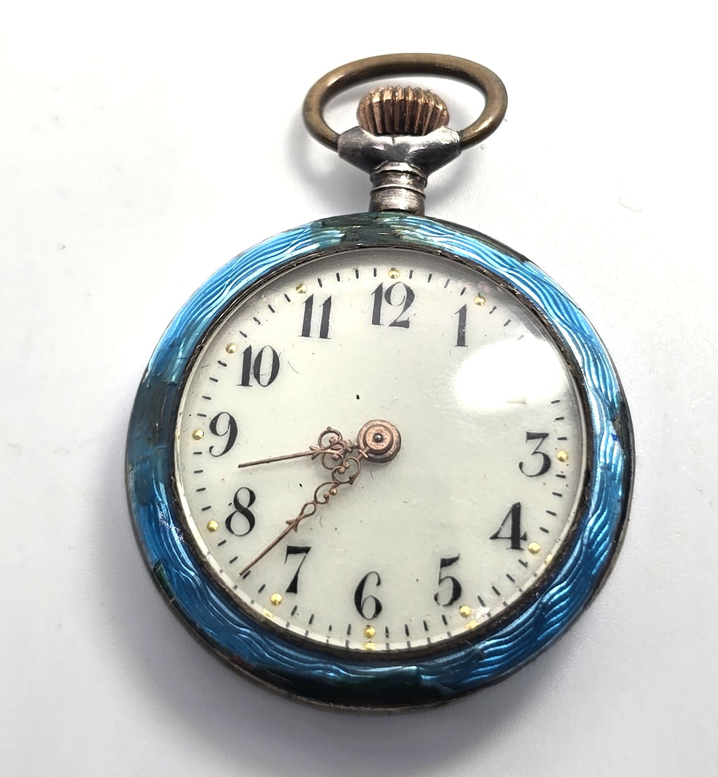 Guilloche bright blue nymph sterling silver antique winding pocket watch