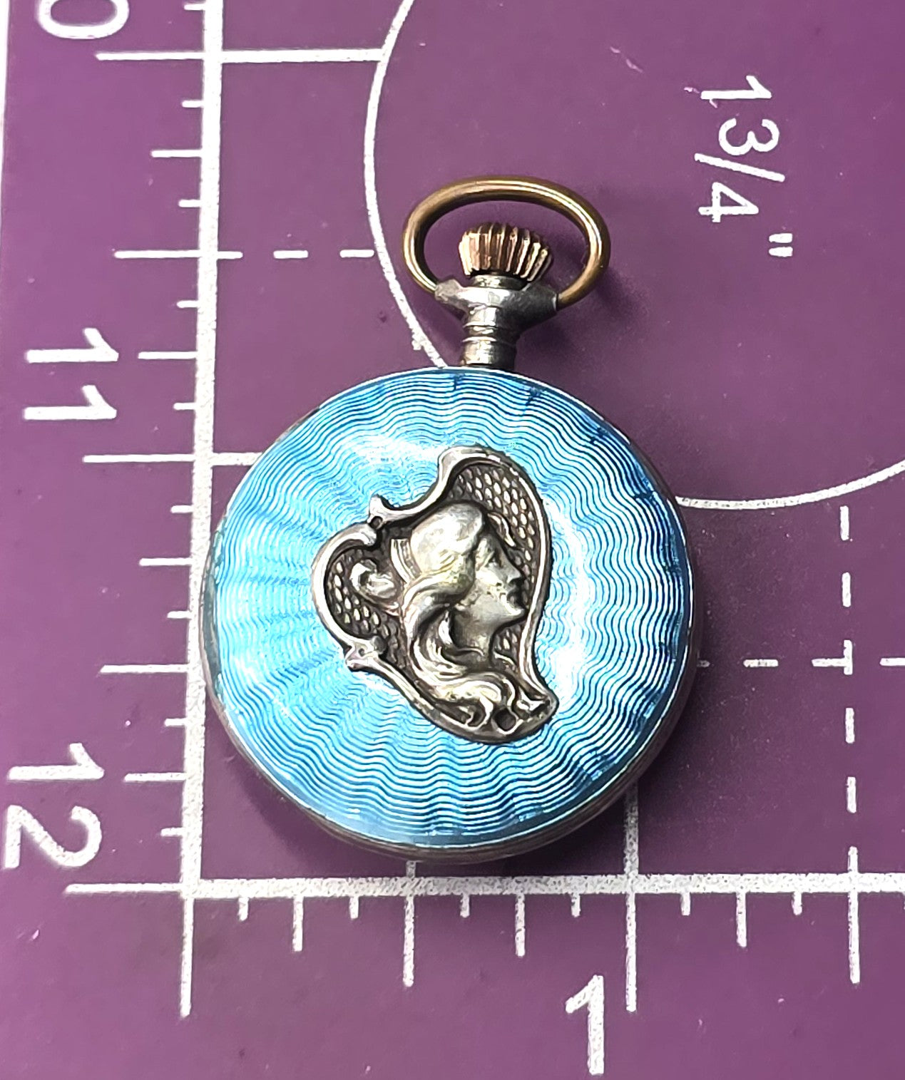 Guilloche bright blue nymph sterling silver antique winding pocket watch