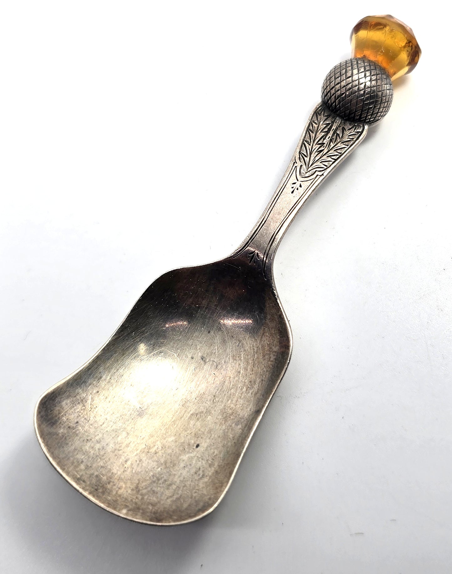 Scottish Thistle orange gem vintage sterling silver 1925 tea cady spoon