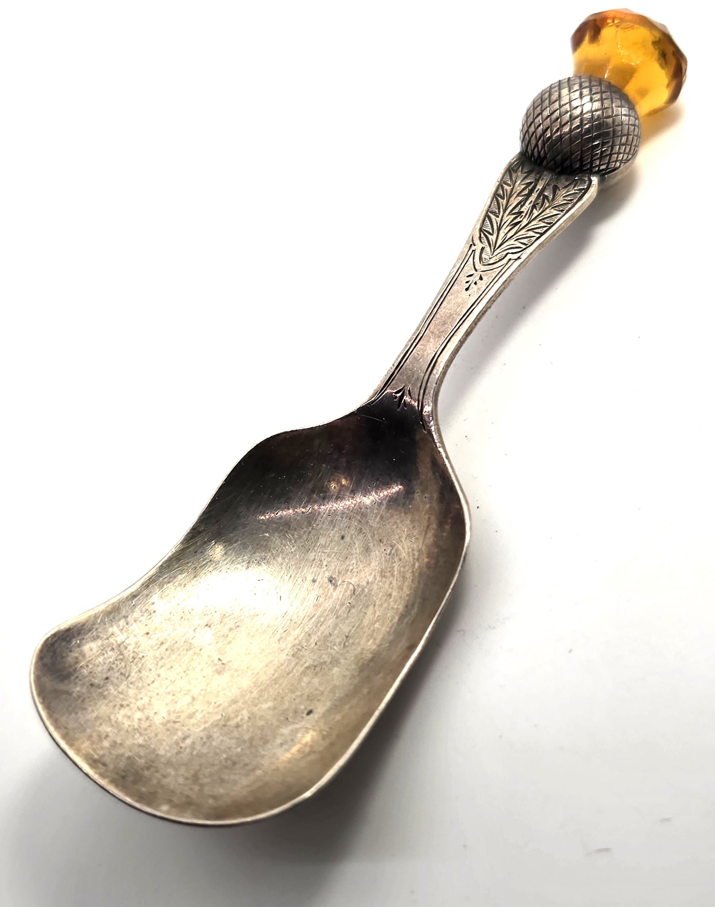 Scottish Thistle orange gem vintage sterling silver 1925 tea cady spoon