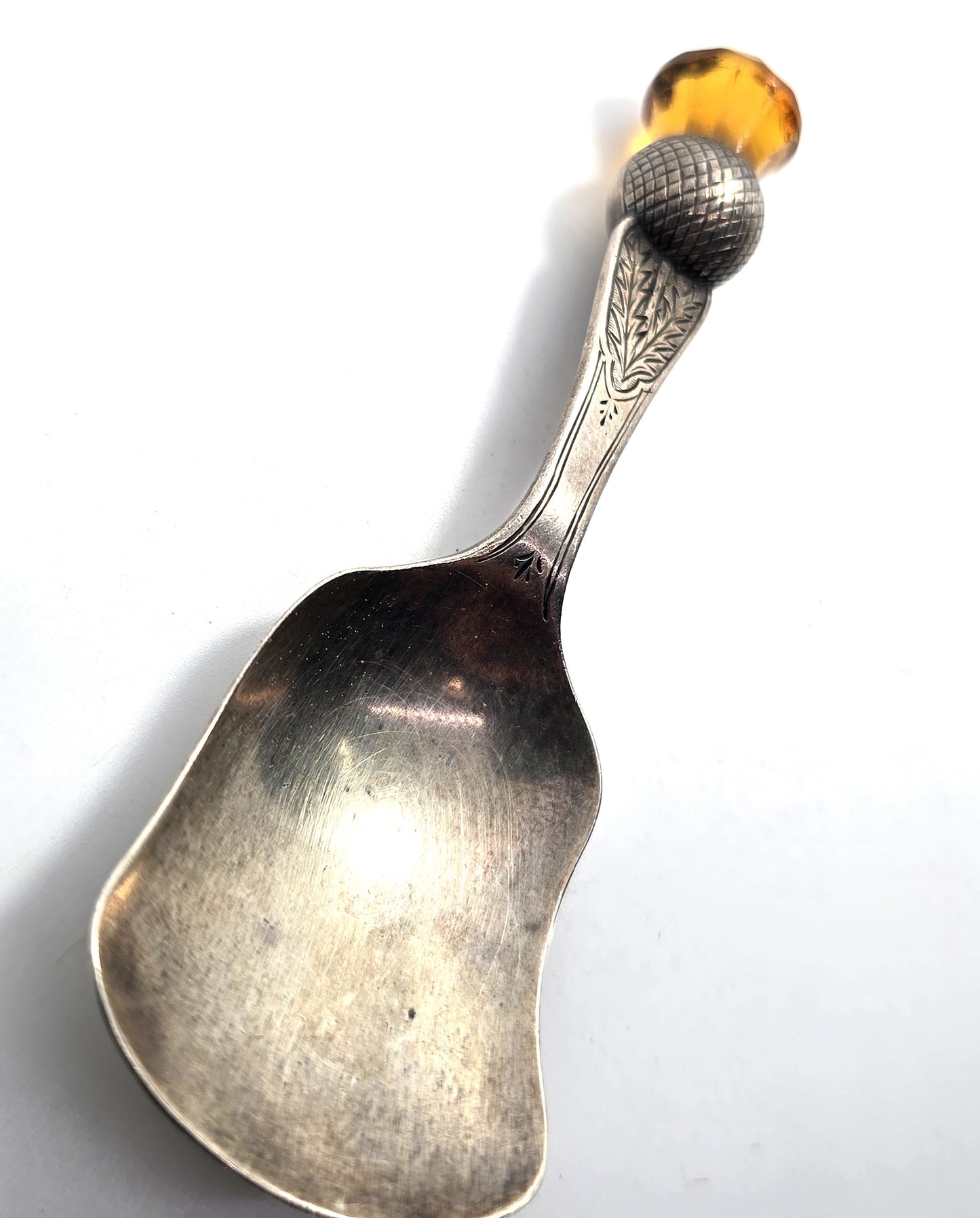 Scottish Thistle orange gem vintage sterling silver 1925 tea cady spoon