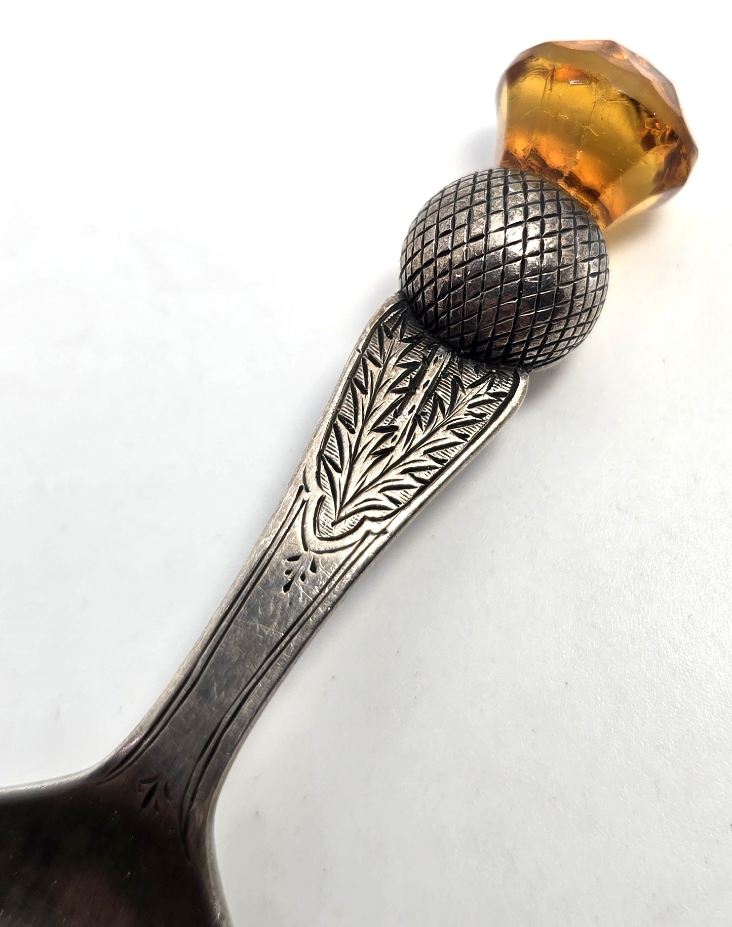 Scottish Thistle orange gem vintage sterling silver 1925 tea cady spoon
