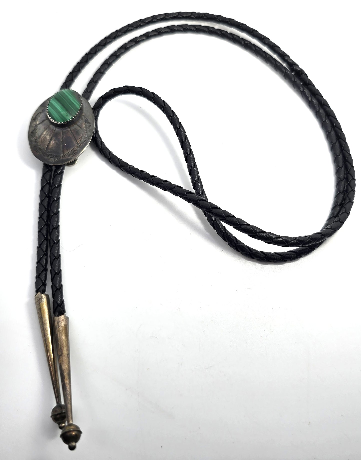 Malachite Sterling silver tipped leather braided Bolo southwestern Neck tie tipped