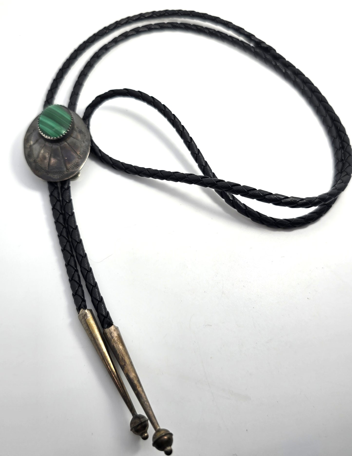 Malachite Sterling silver tipped leather braided Bolo southwestern Neck tie tipped