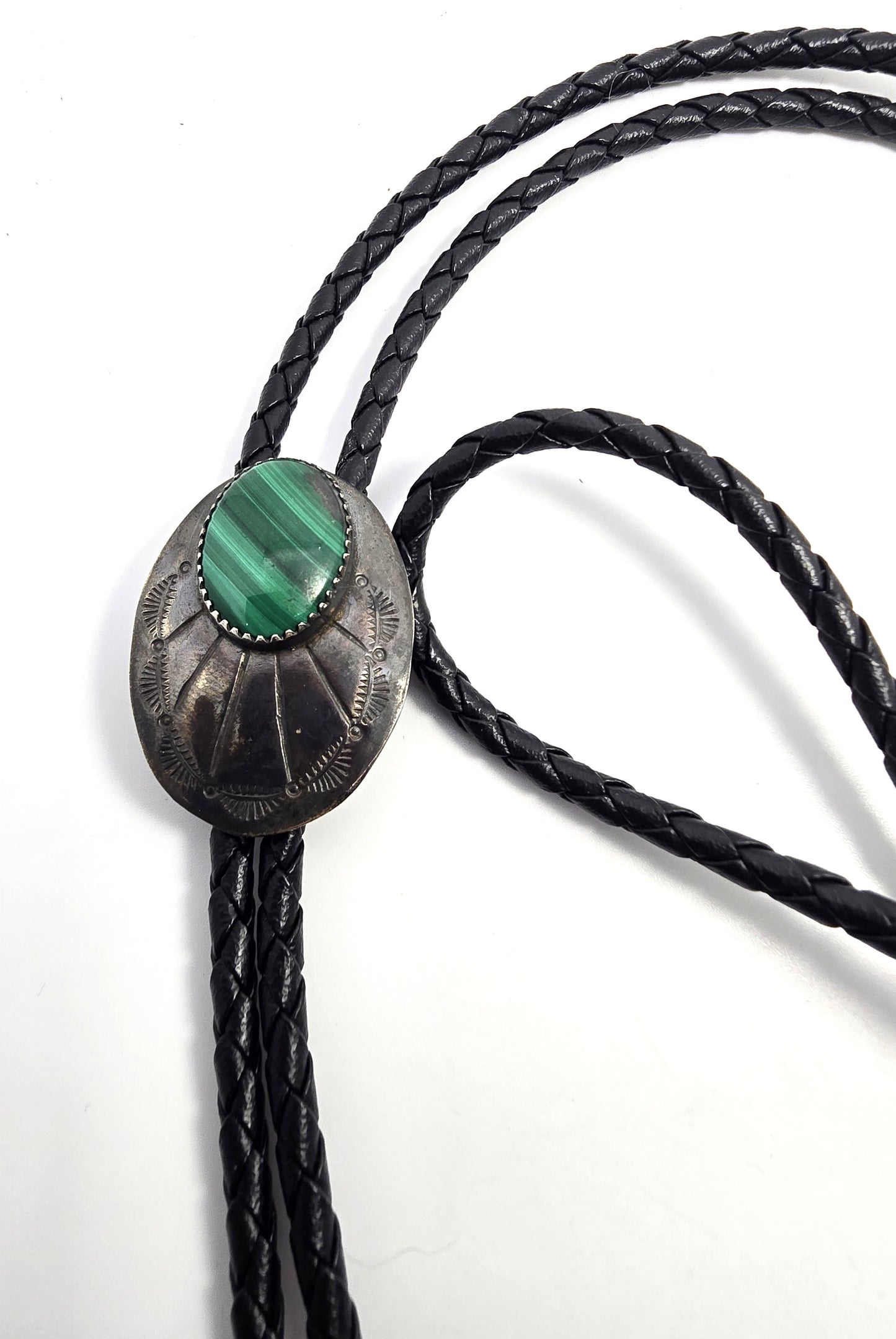 Malachite Sterling silver tipped leather braided Bolo southwestern Neck tie tipped