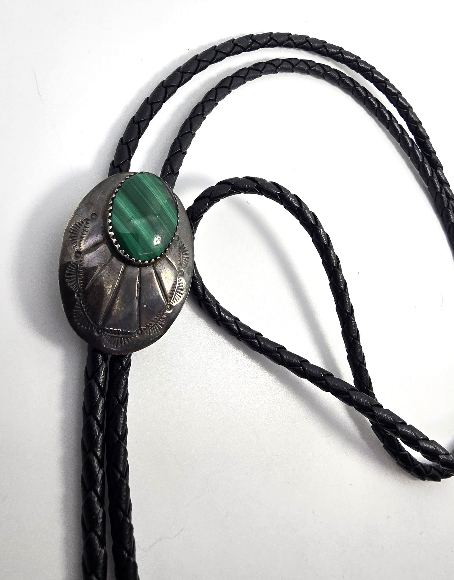 Malachite Sterling silver tipped leather braided Bolo southwestern Neck tie tipped