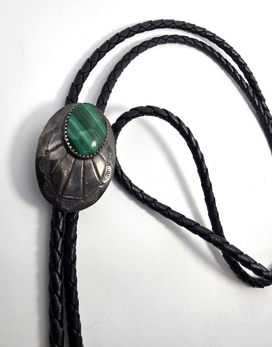 Malachite Sterling silver tipped leather braided Bolo southwestern Neck tie tipped