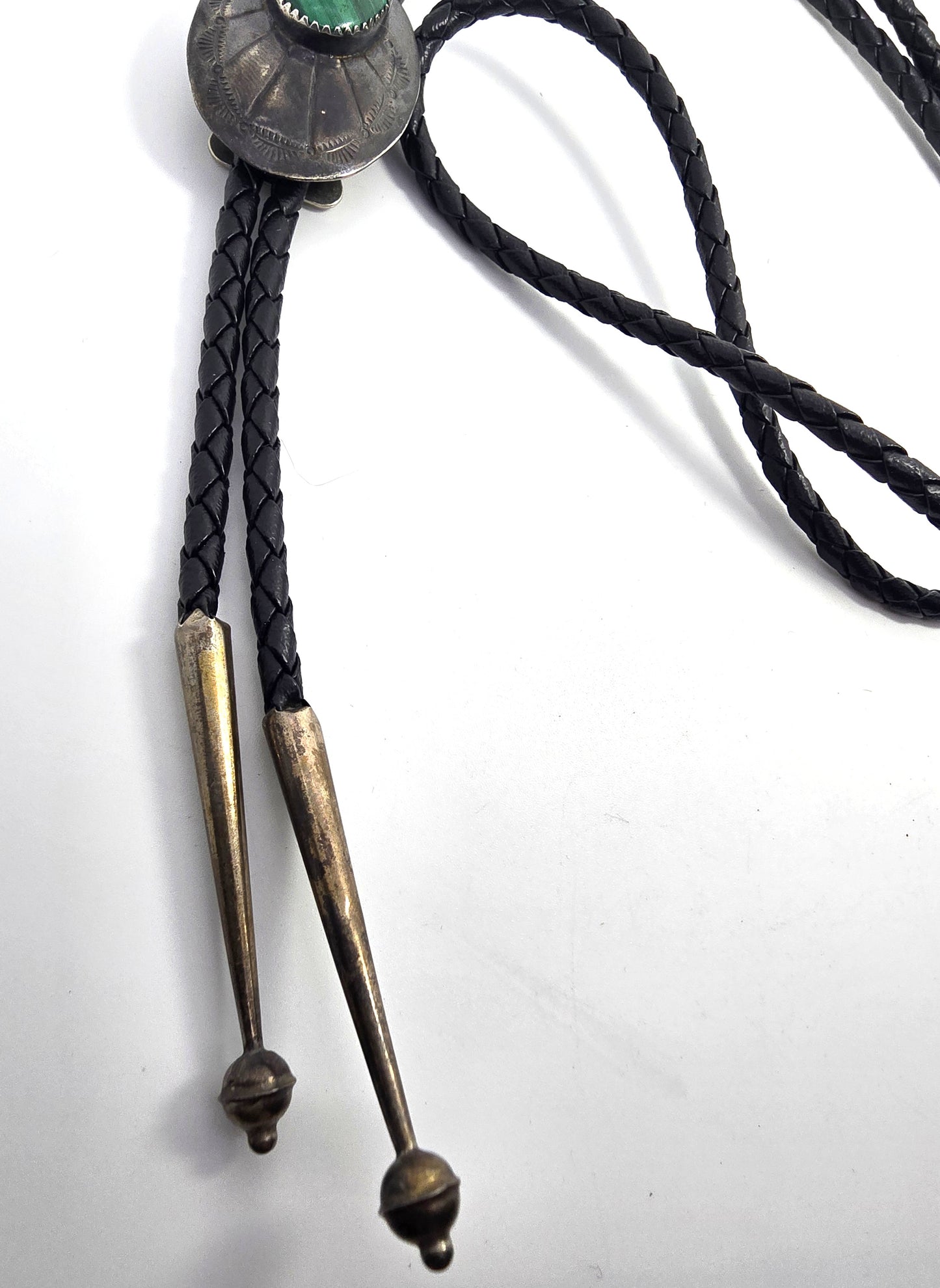 Malachite Sterling silver tipped leather braided Bolo southwestern Neck tie tipped