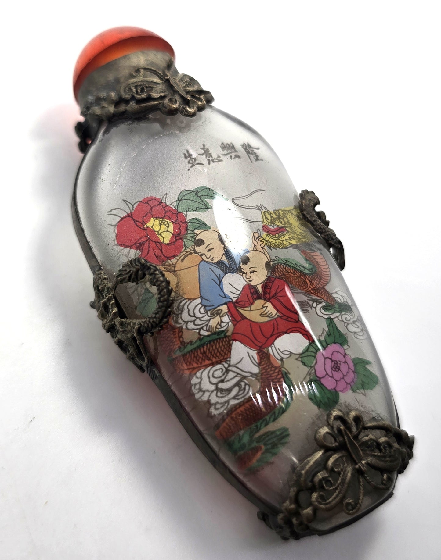 Vintage Chinese Glass Silver Tone Metal butterfly reverse painted Snuff Bottle 1940’s