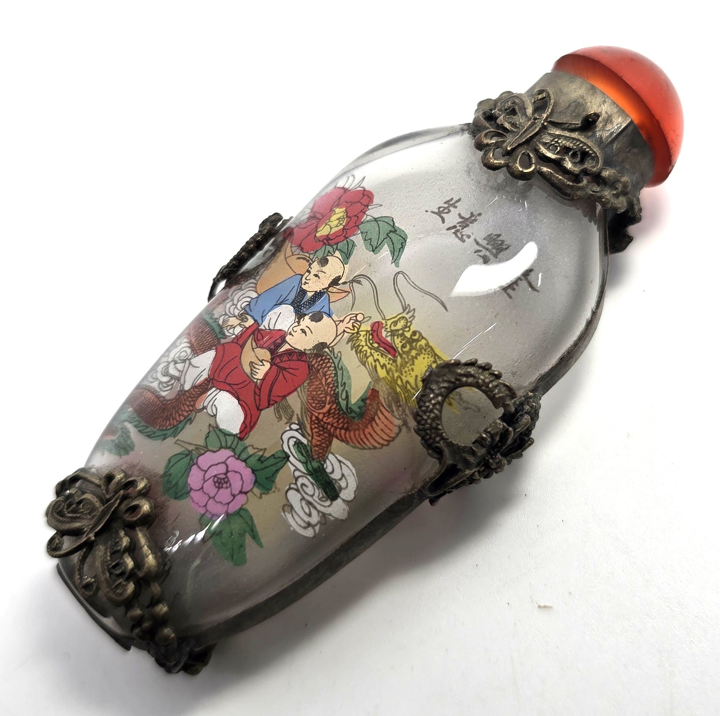 Vintage Chinese Glass Silver Tone Metal butterfly reverse painted Snuff Bottle 1940’s
