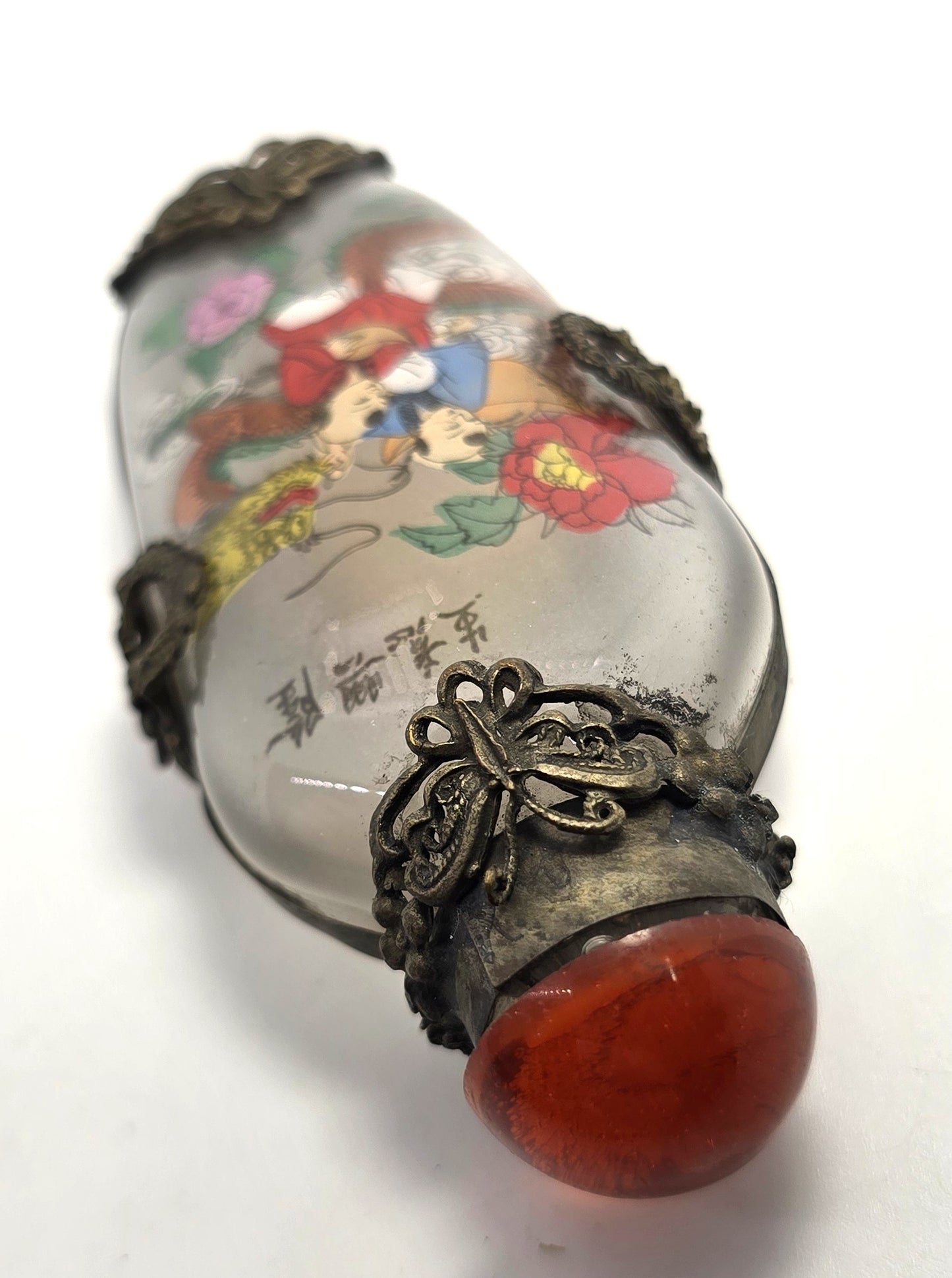 Vintage Chinese Glass Silver Tone Metal butterfly reverse painted Snuff Bottle 1940’s
