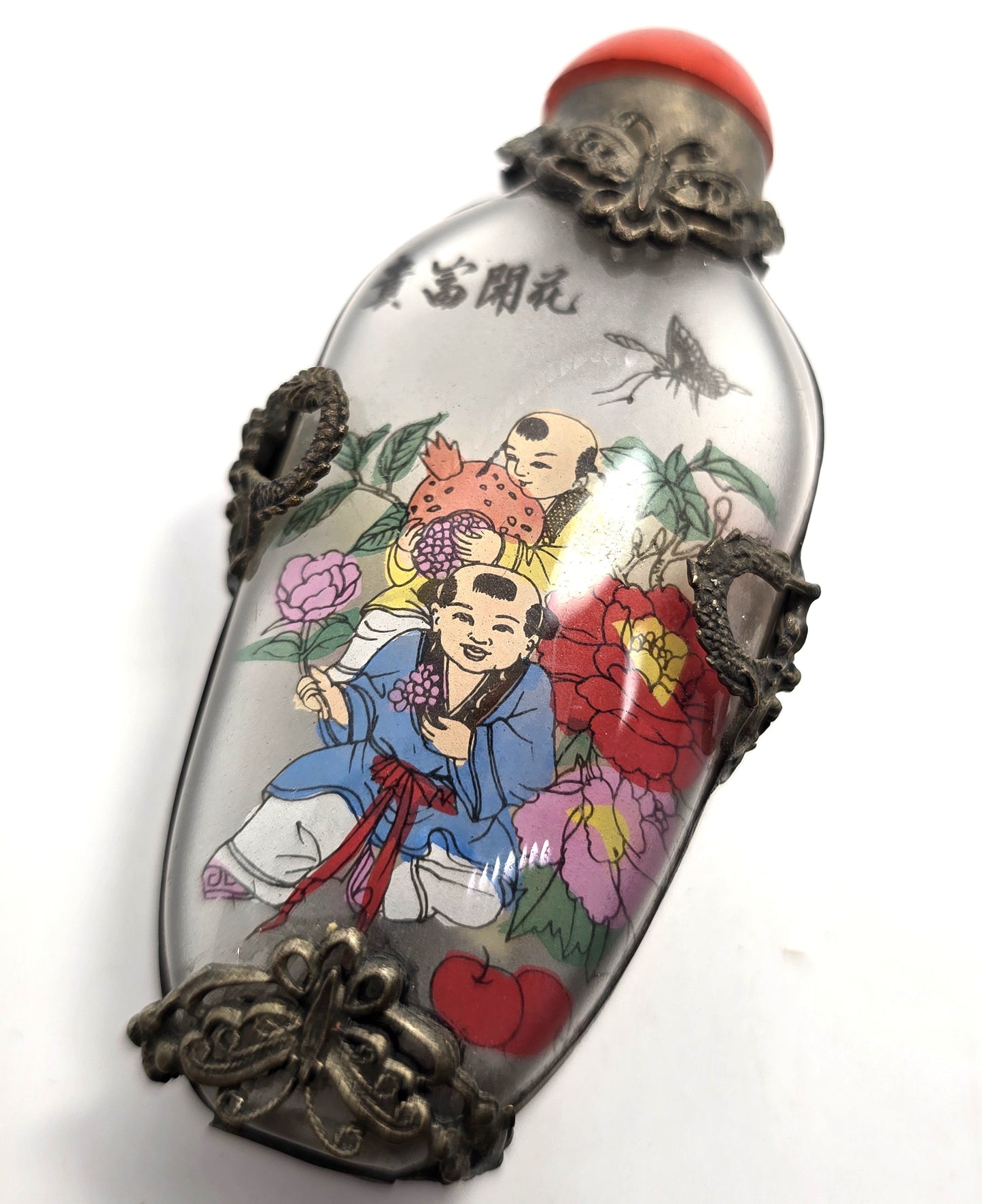 Vintage Chinese Glass Silver Tone Metal butterfly reverse painted Snuff Bottle 1940’s