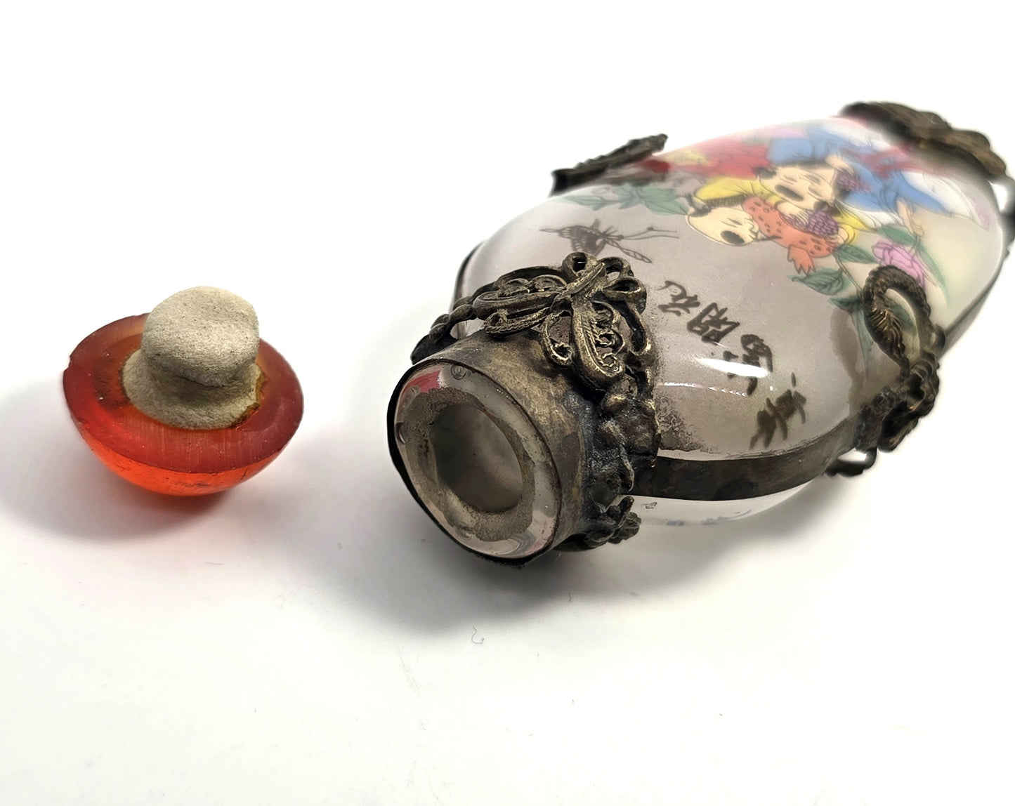 Vintage Chinese Glass Silver Tone Metal butterfly reverse painted Snuff Bottle 1940’s
