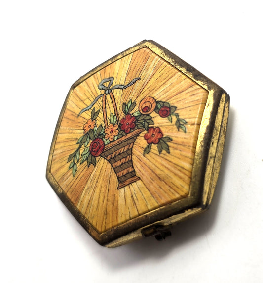 Art Deco Houbigant Ladies Pressed Powder Compact Flower Basket Signed