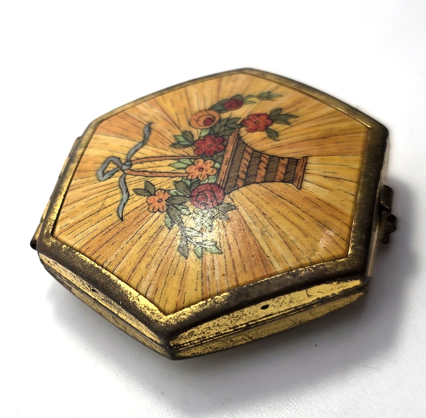 Art Deco Houbigant Ladies Pressed Powder Compact Flower Basket Signed