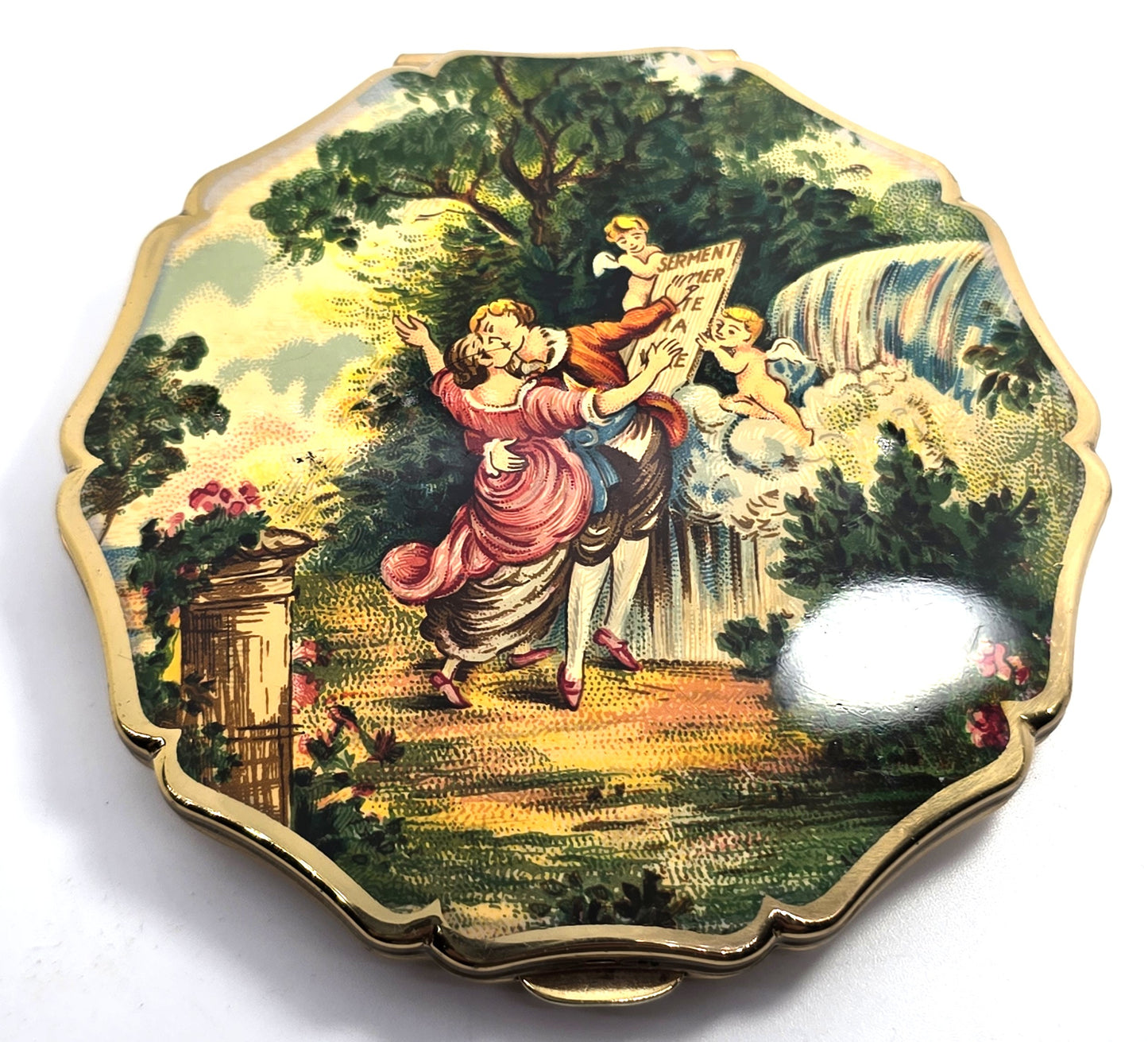 Stratton courting couple cupid scene scalloped mirror vintage compact mid century