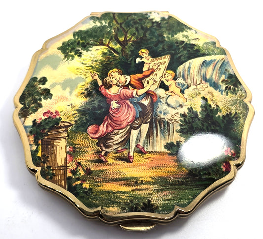 Stratton courting couple cupid scene scalloped mirror vintage compact mid century
