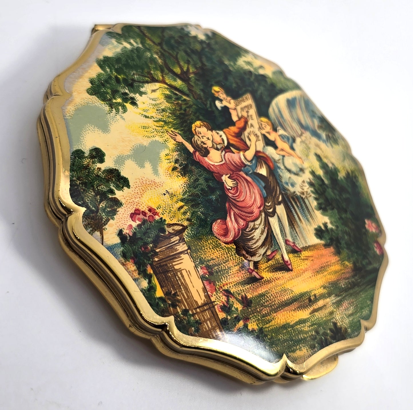 Stratton courting couple cupid scene scalloped mirror vintage compact mid century