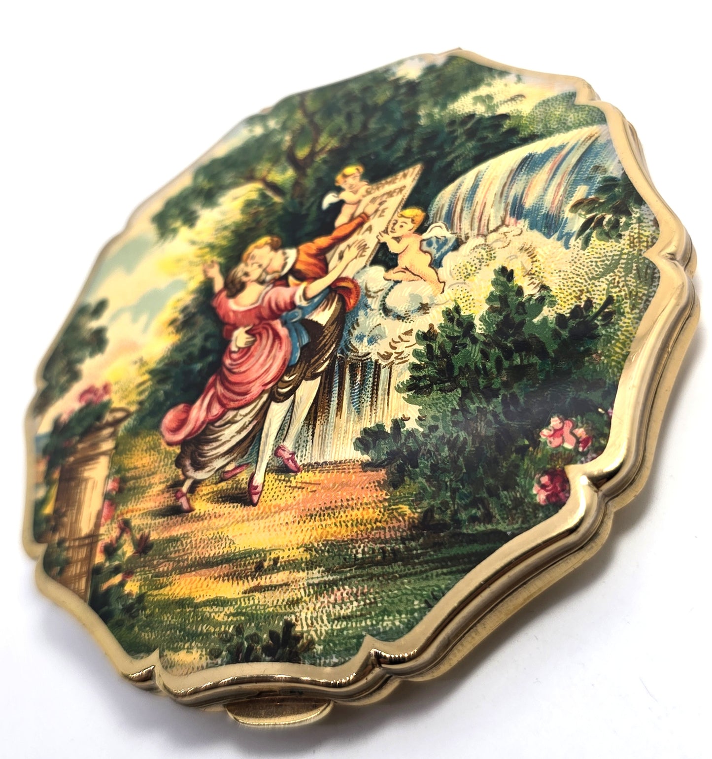 Stratton courting couple cupid scene scalloped mirror vintage compact mid century