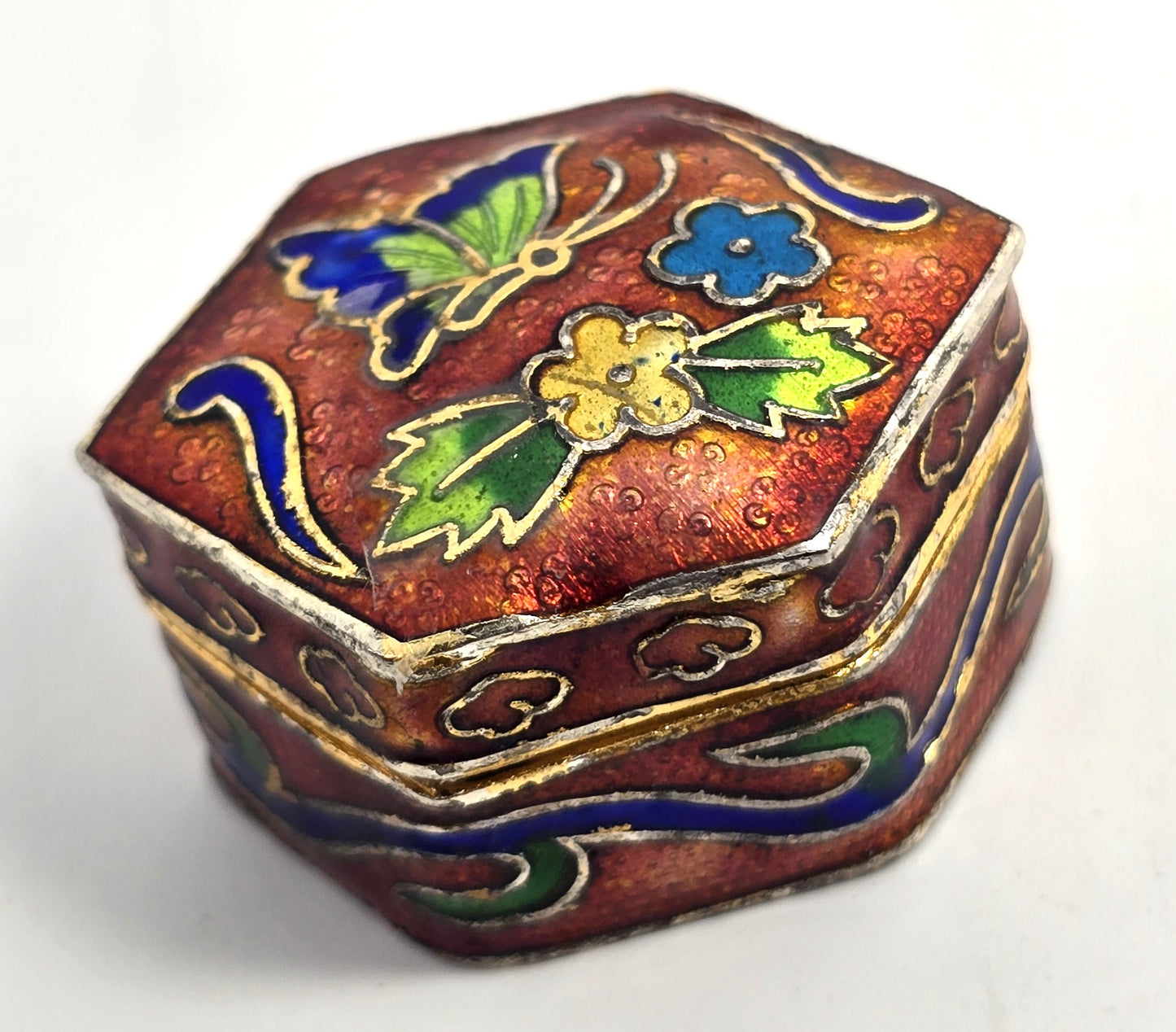 Red and blue butterfly Cloisonne enamel flower vintage trinket box