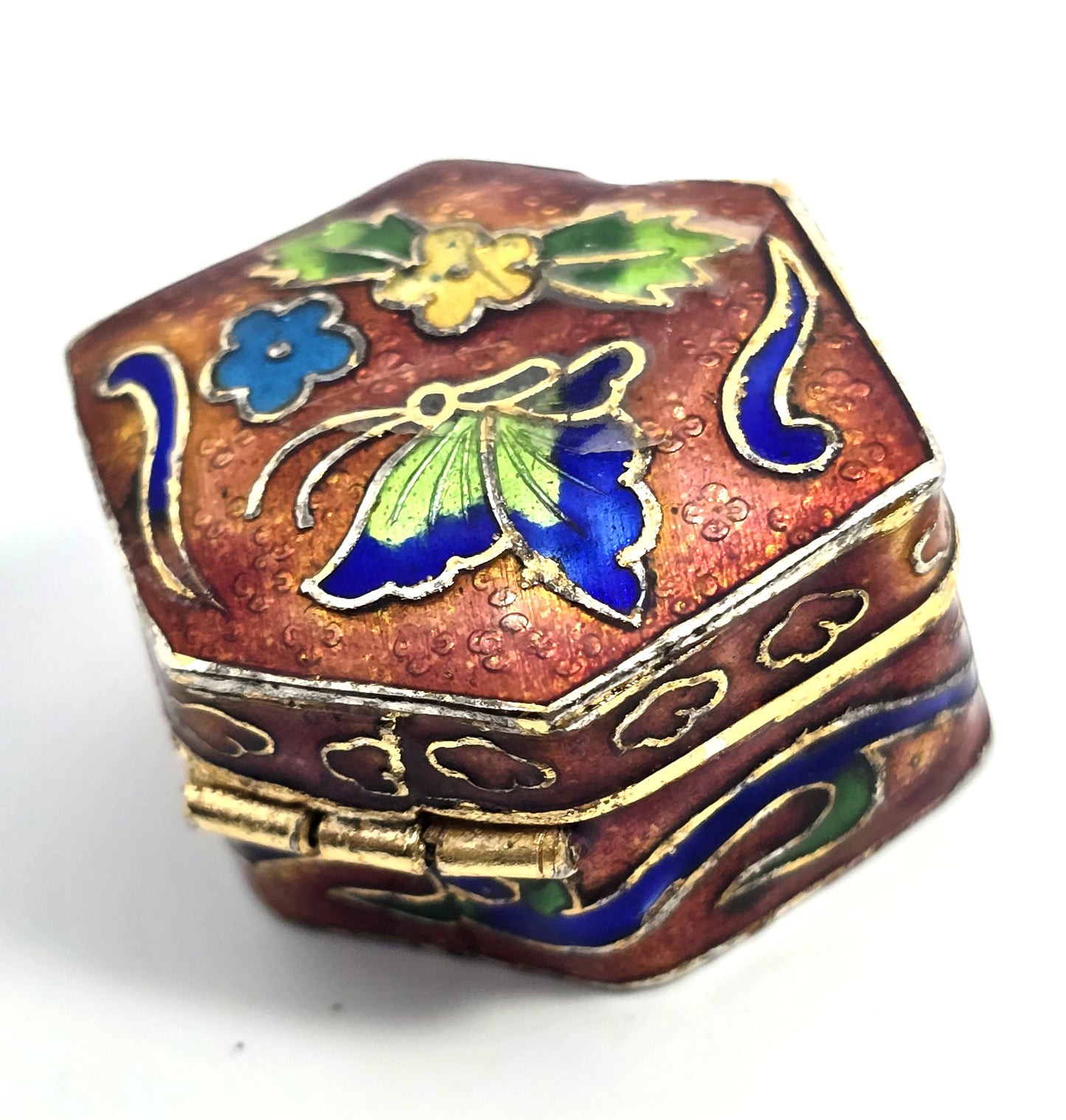Red and blue butterfly Cloisonne enamel flower vintage trinket box