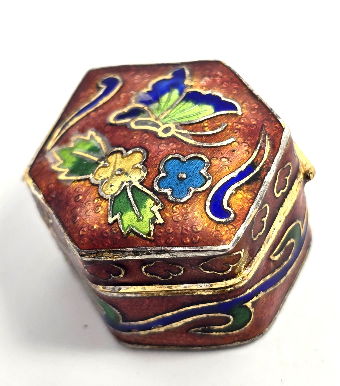 Red and blue butterfly Cloisonne enamel flower vintage trinket box