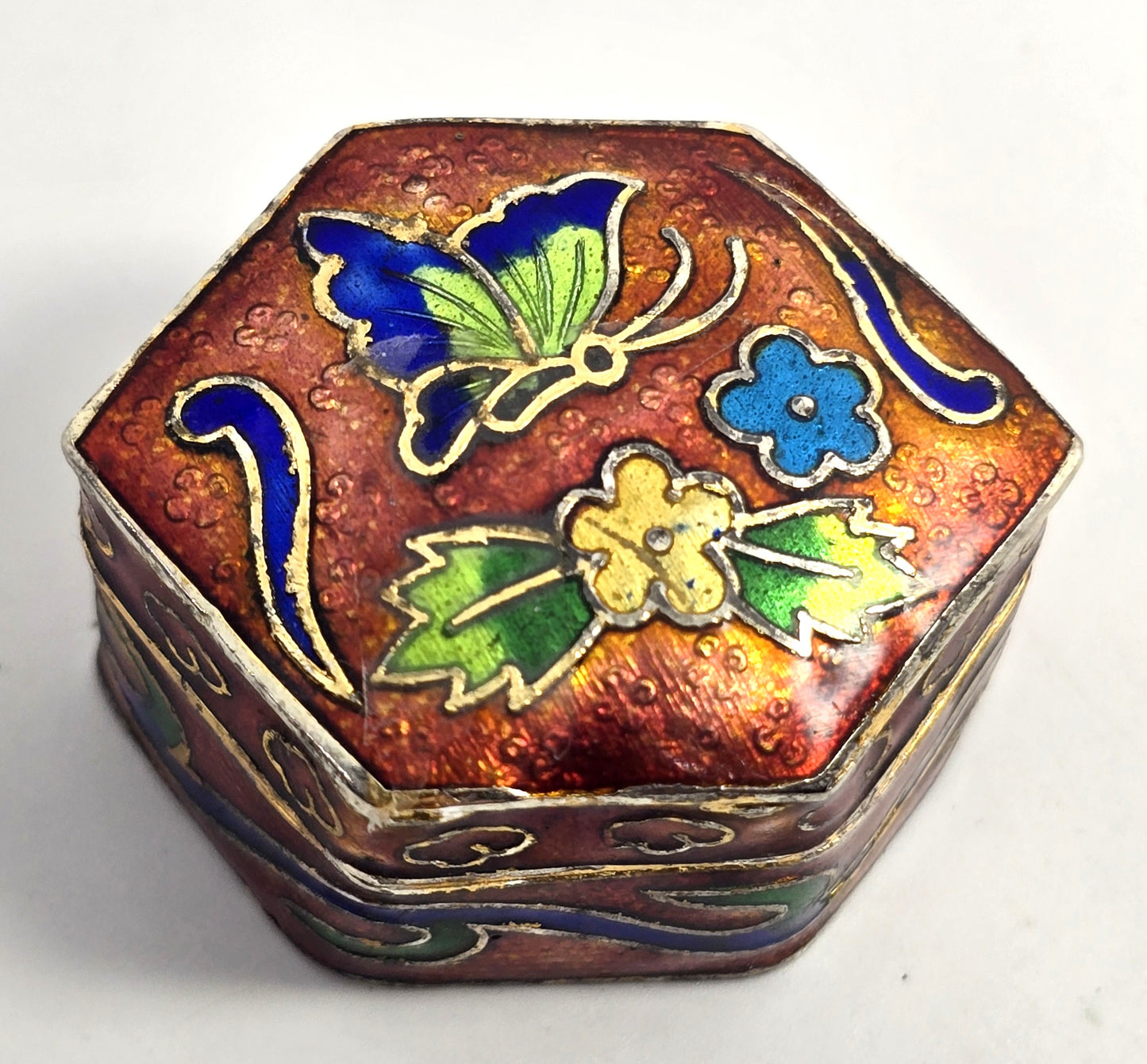 Red and blue butterfly Cloisonne enamel flower vintage trinket box