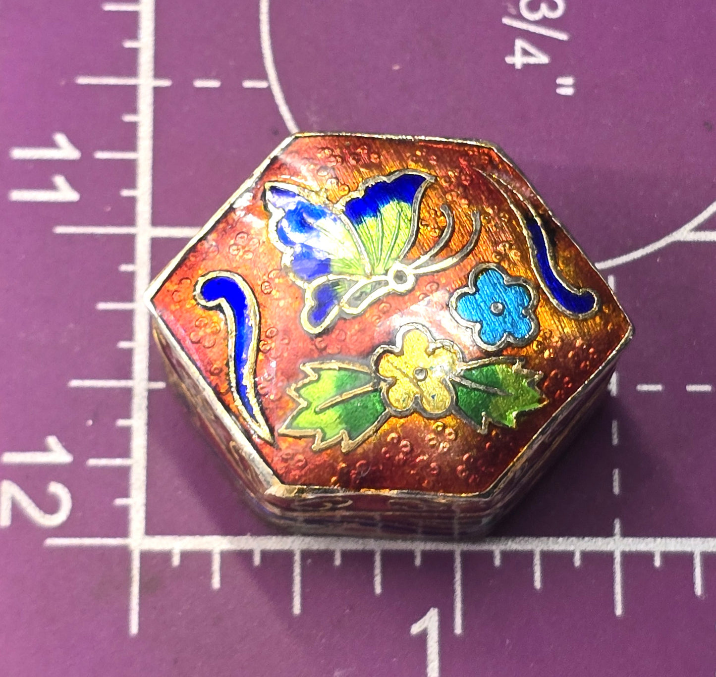 Red and blue butterfly Cloisonne enamel flower vintage trinket box