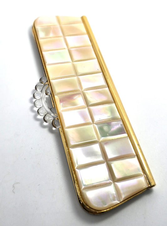 Schildkraut Mother of pearl gold toned Compact comb mirror Purse
