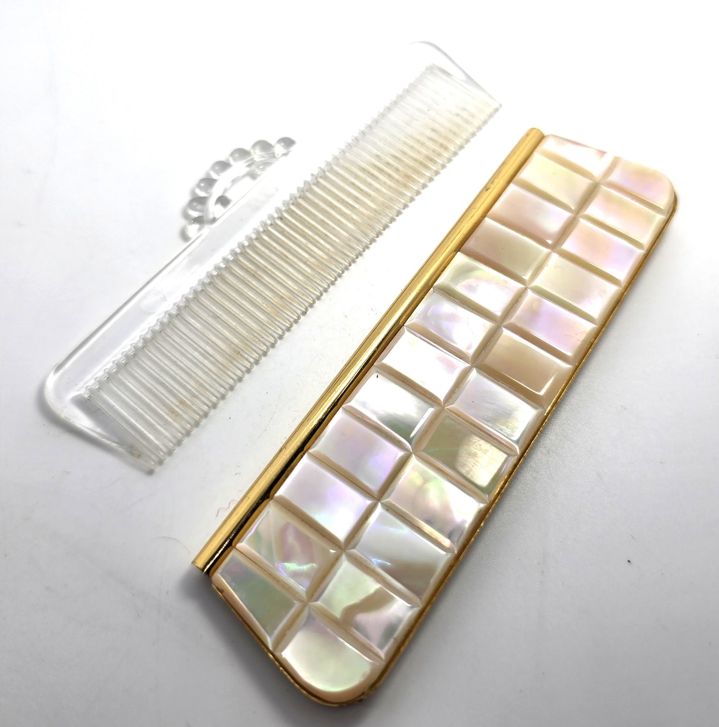 Schildkraut Mother of pearl gold toned Compact comb mirror Purse