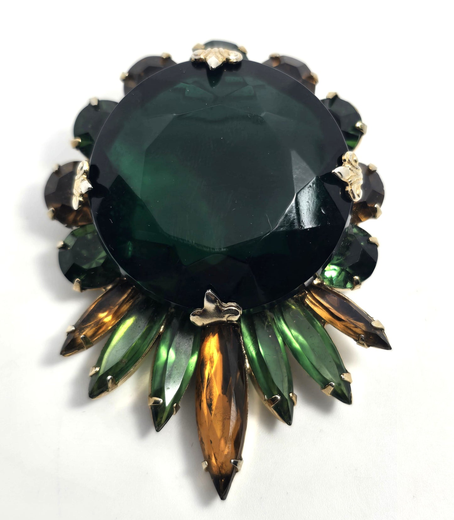 Emerald dark green orange rhinestone fall autumn vintage large brooch