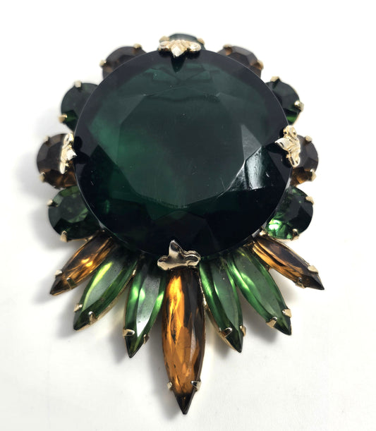 Emerald dark green orange rhinestone fall autumn vintage large brooch