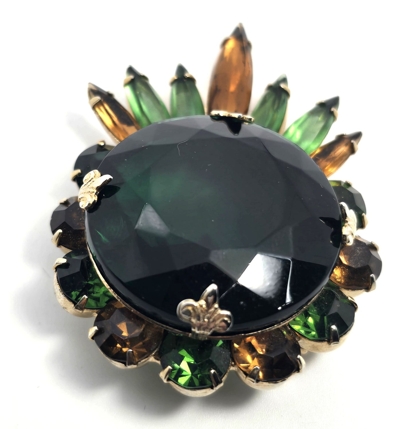 Emerald dark green orange rhinestone fall autumn vintage large brooch