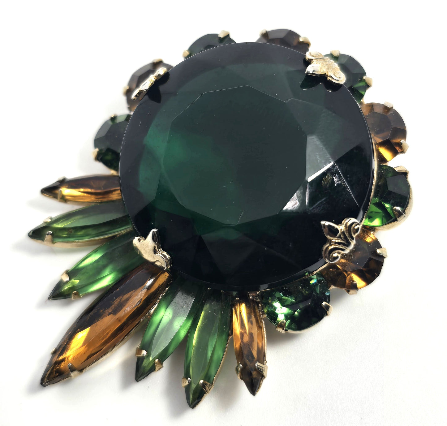 Emerald dark green orange rhinestone fall autumn vintage large brooch