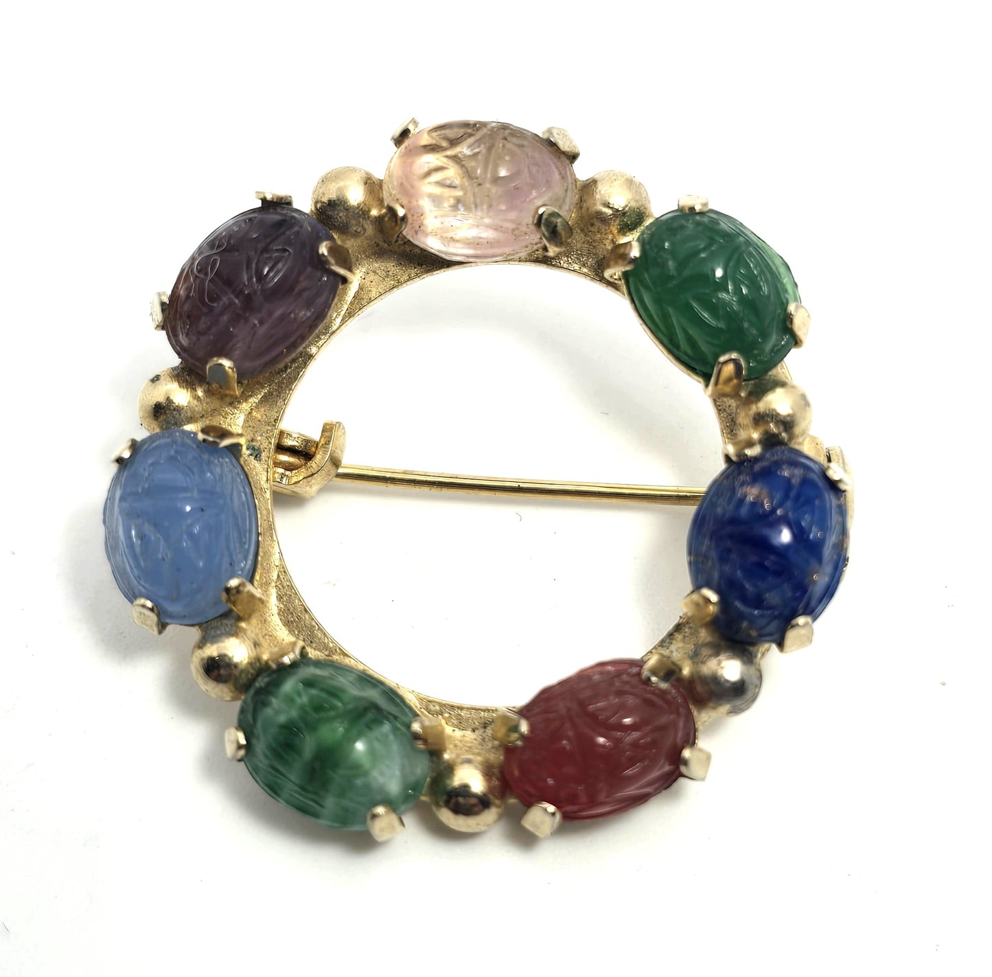 Egyptian Revival molded glass vintage scarab circle infinity brooch