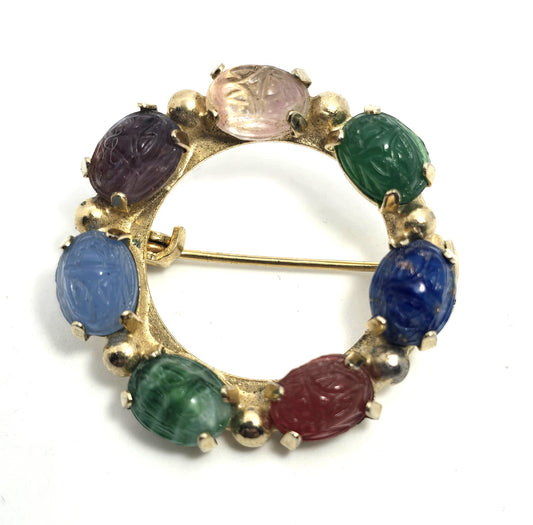 Egyptian Revival molded glass vintage scarab circle infinity brooch