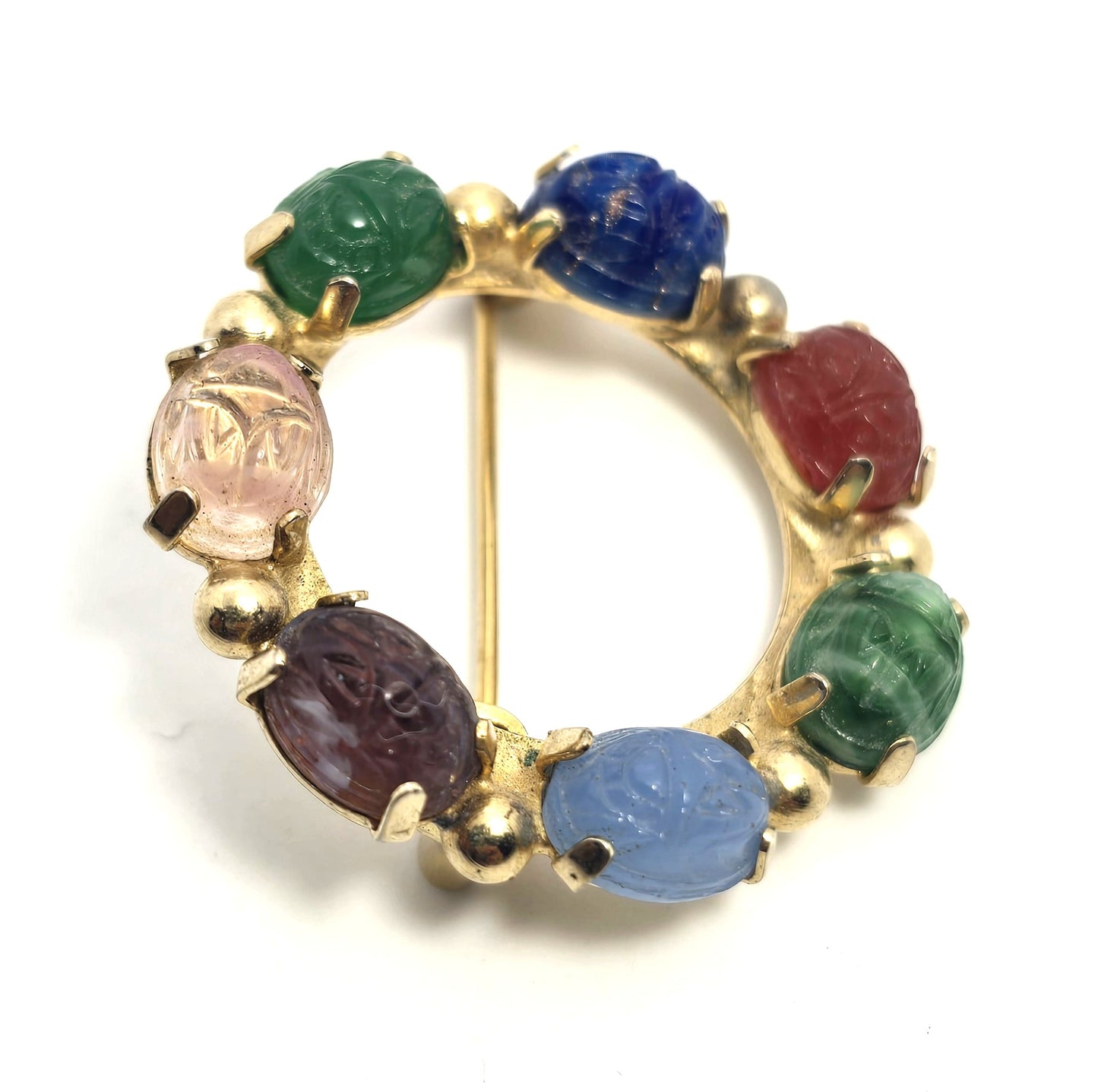 Egyptian Revival molded glass vintage scarab circle infinity brooch