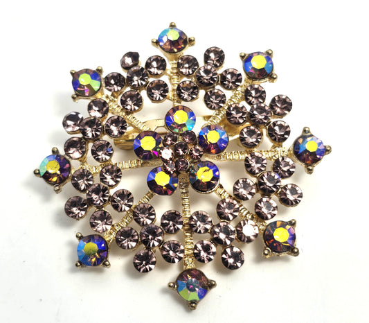 Rhinestone flower Blue Aurora borealis AB gold toned scatter brooch