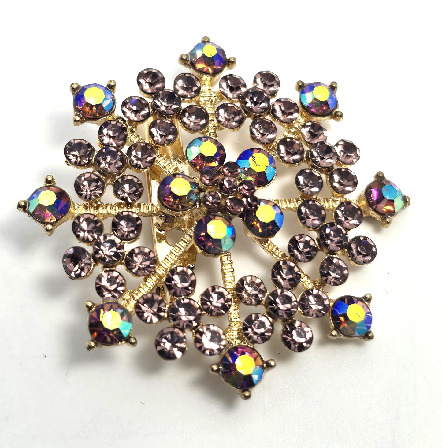 Rhinestone flower Blue Aurora borealis AB gold toned scatter brooch