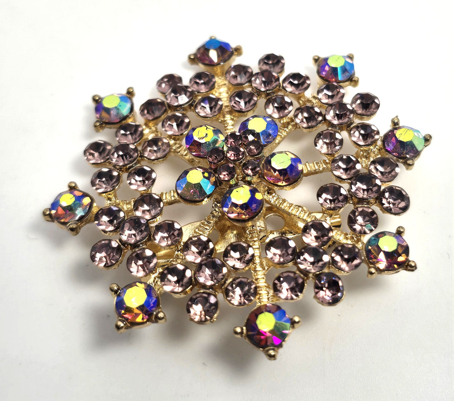 Rhinestone flower Blue Aurora borealis AB gold toned scatter brooch