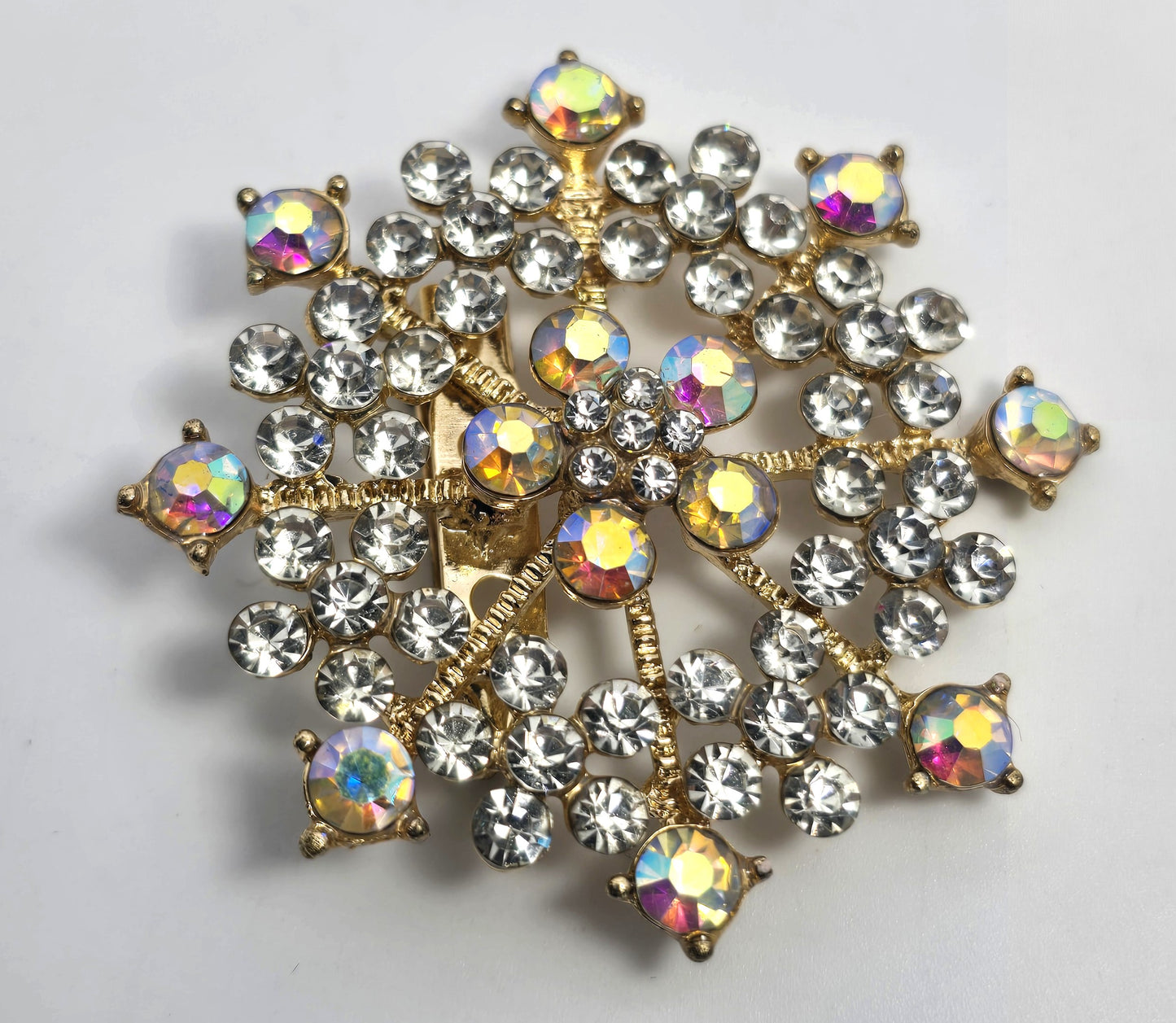 Rhinestone flower Warm amber Aurora borealis AB gold toned scatter brooch