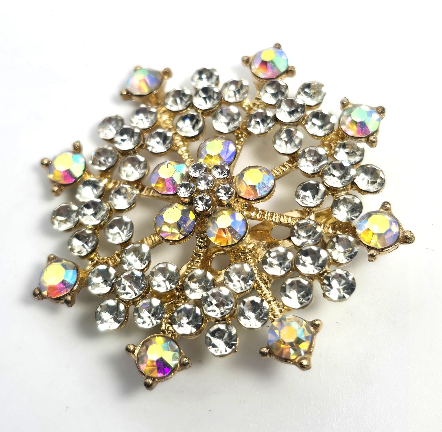 Rhinestone flower Warm amber Aurora borealis AB gold toned scatter brooch