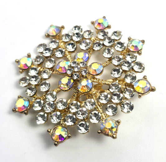 Rhinestone flower Warm amber Aurora borealis AB gold toned scatter brooch