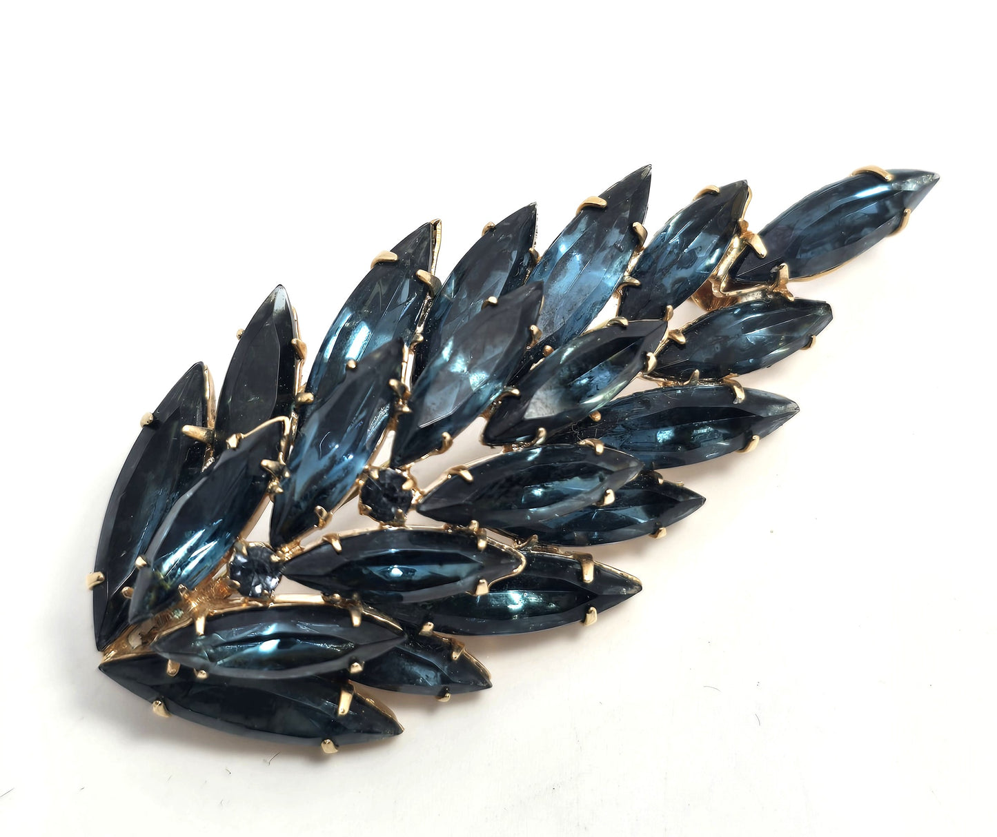 Designer Navy blue navette vintage rhinestone scatter brooch mid century