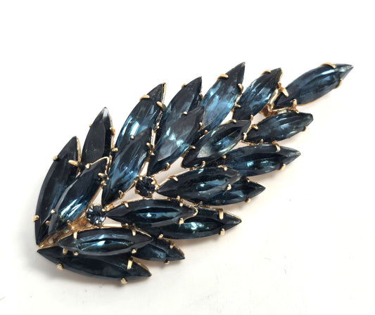 Designer Navy blue navette vintage rhinestone scatter brooch mid century