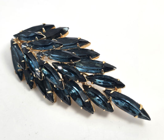 Designer Navy blue navette vintage rhinestone scatter brooch mid century