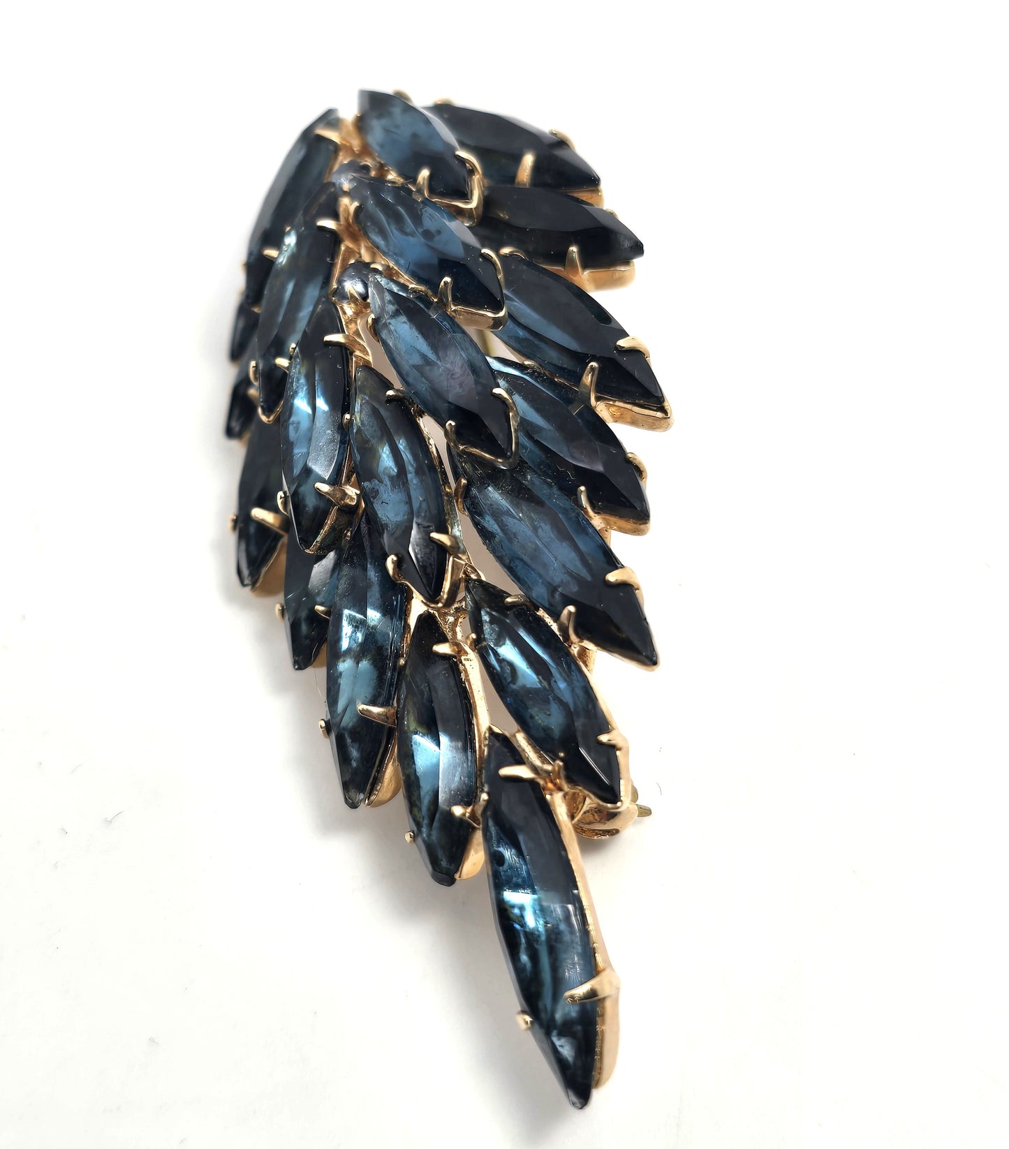 Designer Navy blue navette vintage rhinestone scatter brooch mid century