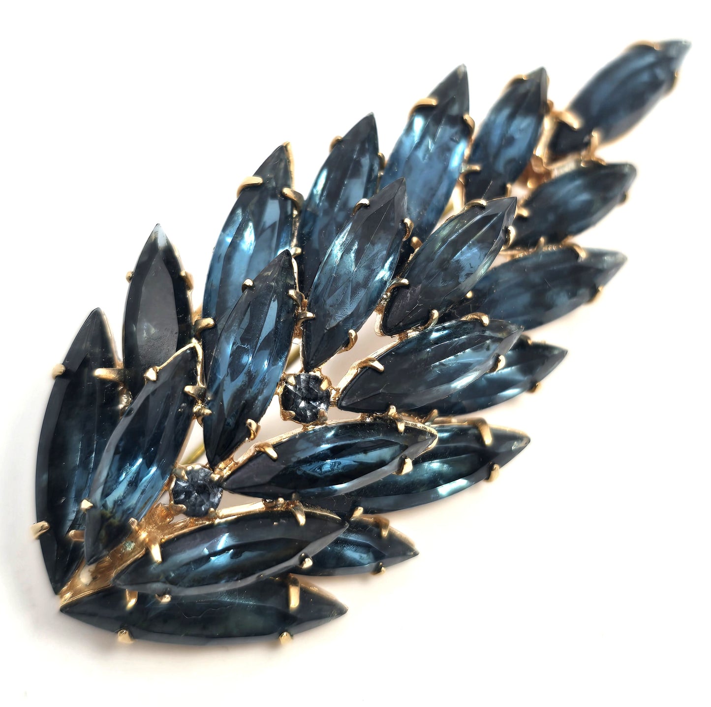 Designer Navy blue navette vintage rhinestone scatter brooch mid century